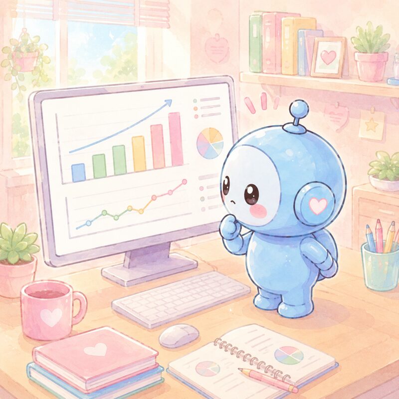 AIがGoogleアナリティクスのグラフを確認しているイラスト