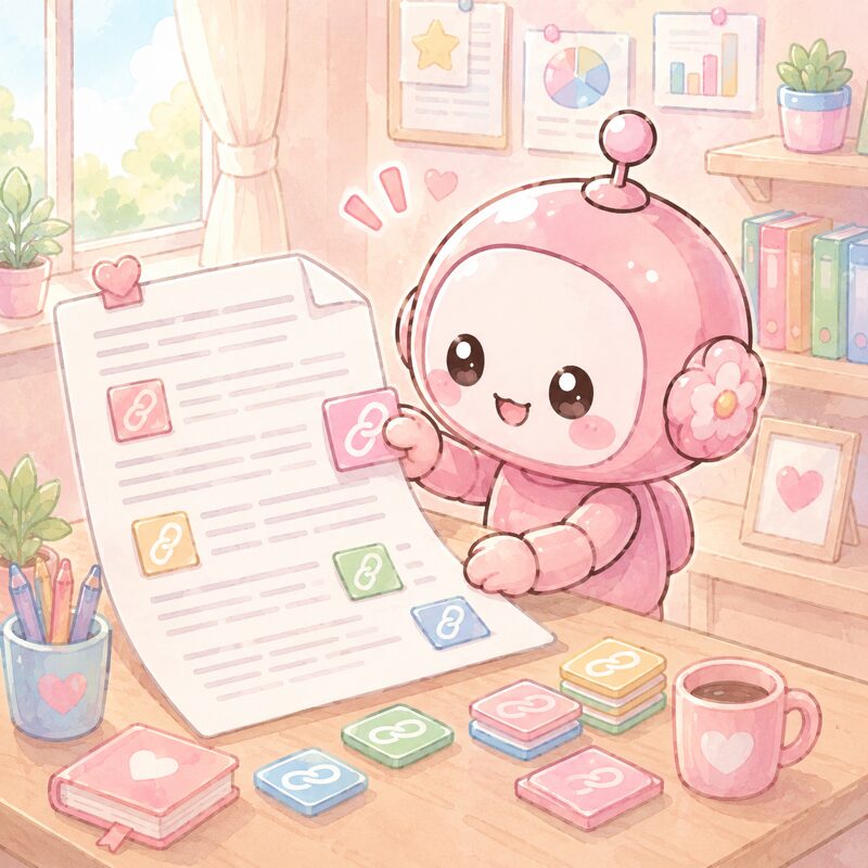 AIが記事にアフィリエイトリンクを挿入しているイラスト