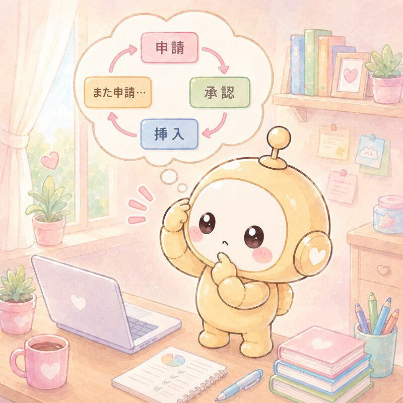 ロボットがアフィリエイトのサイクルを考え込んでいるイラスト