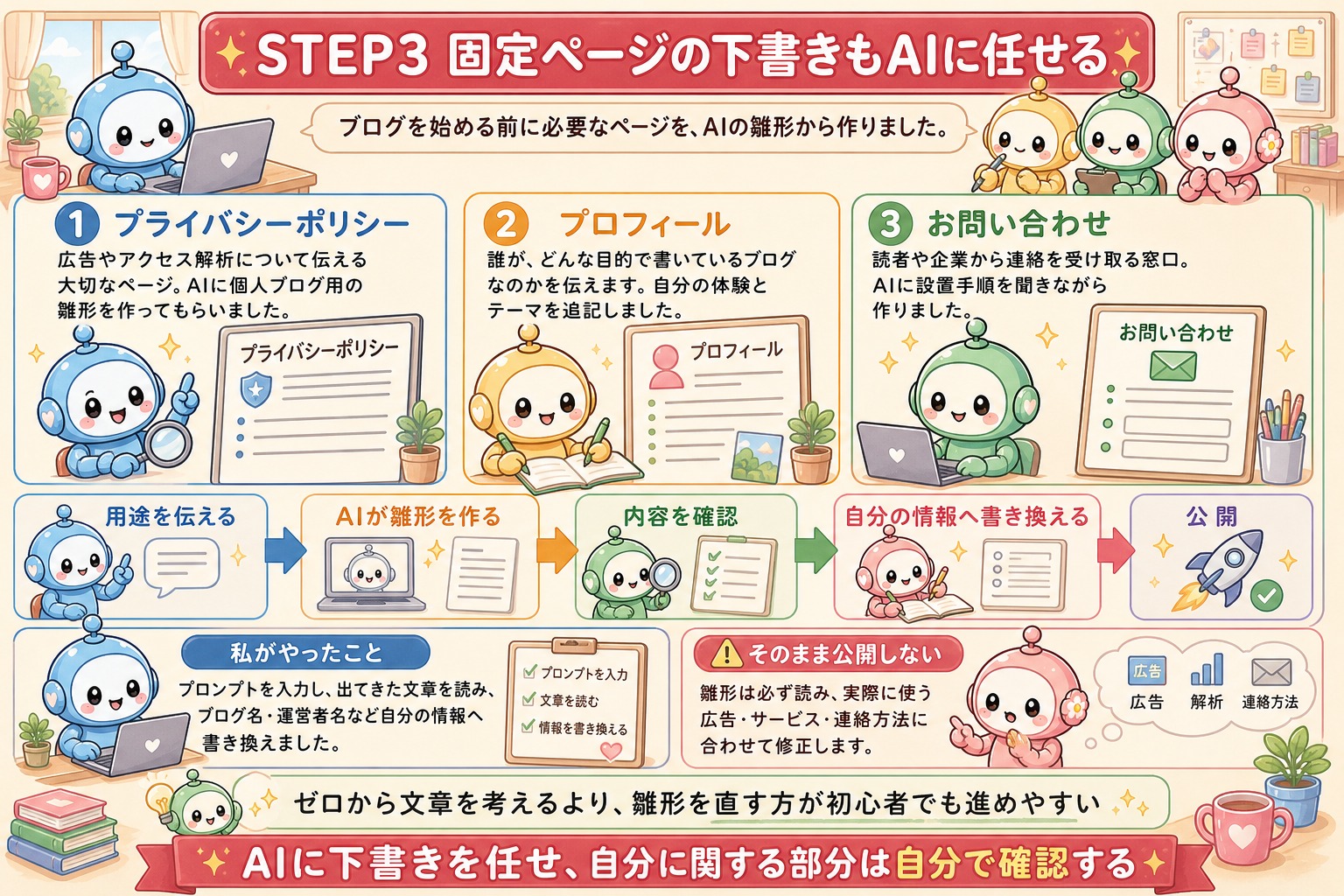 固定ページの下書きをAIと作る手順の図解