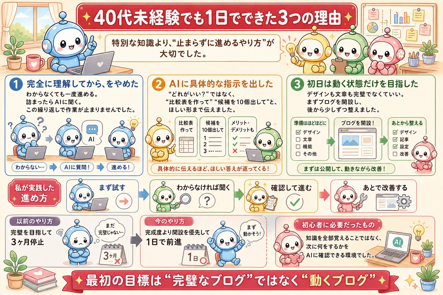 40代未経験でも1日でブログ開設できた3つの理由の図解