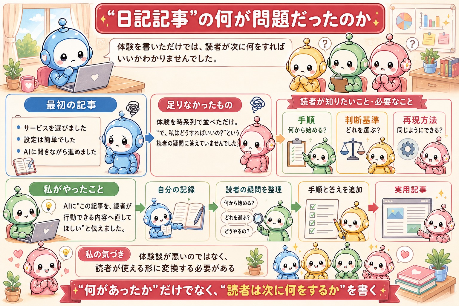 日記記事の問題点と実用記事への変え方をまとめた図解