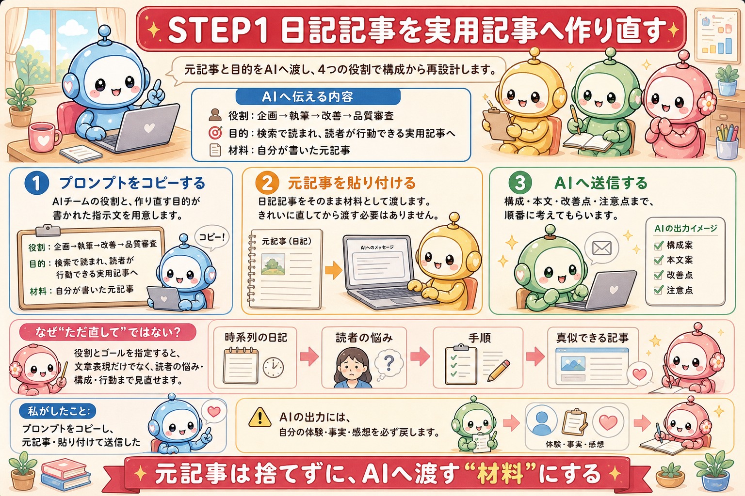 日記記事をAIで実用記事へ作り直す手順の図解