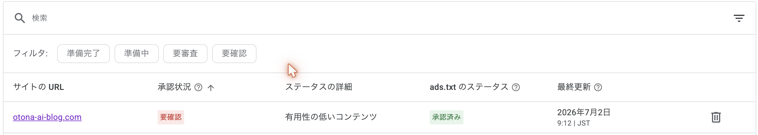 Googleアドセンス管理画面のサイト一覧。otona-ai-blog.comが要確認・有用性の低いコンテンツと表示されている