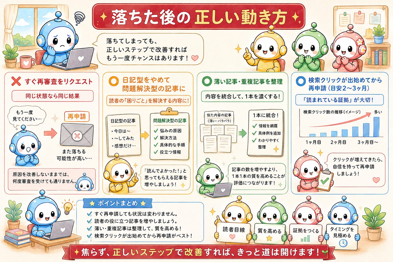 図解：アドセンスに落ちた後の正しい動き方。すぐ再申請せず記事を改善してから