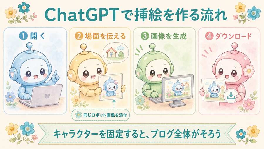ChatGPTでブログ挿絵を作る流れ。開く、場面を伝える、画像を生成、ダウンロードを示す図解。