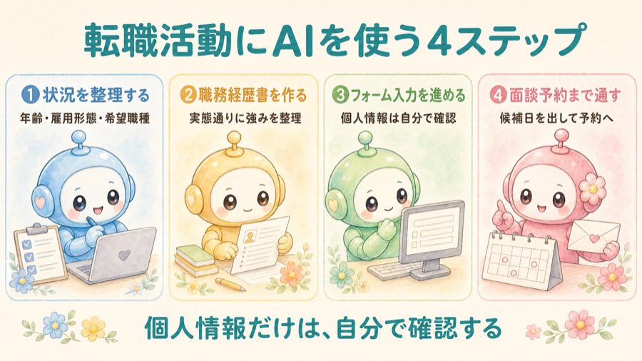 転職活動にAIを使う4ステップの図解。状況を整理する、職務経歴書を作る、フォーム入力を進める、面談予約まで通す。個人情報だけは自分で確認する。