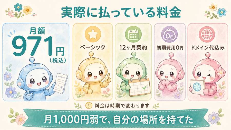 ConoHa WINGで実際に払っている料金。月額971円、ベーシック、12ヶ月契約、初期費用0円、ドメイン代込みを示す図解。