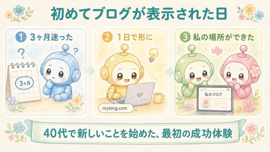 初めて自分のブログが表示された日の気持ち。3ヶ月迷った、1日で形に、私の場所ができた流れを示す図解。