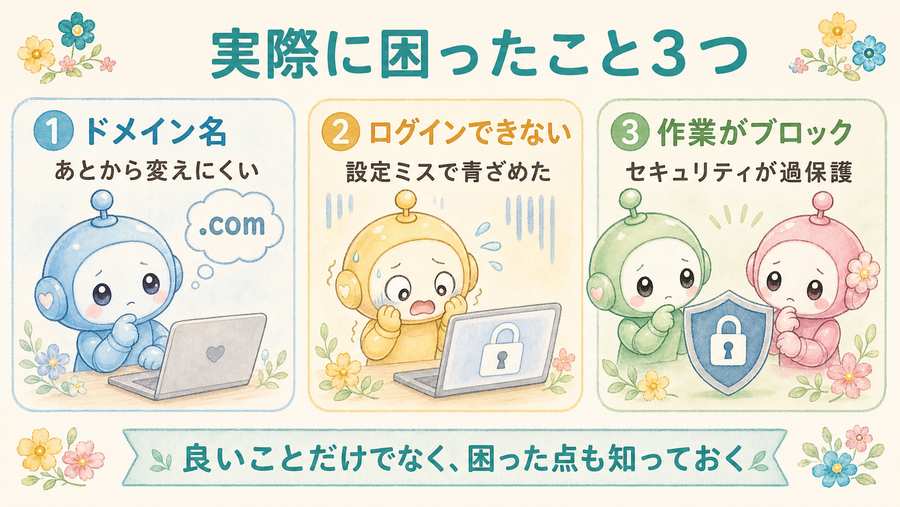 ConoHa WINGで実際に困ったこと3つ。ドメイン名、ログインできない、作業がブロックを示す図解。