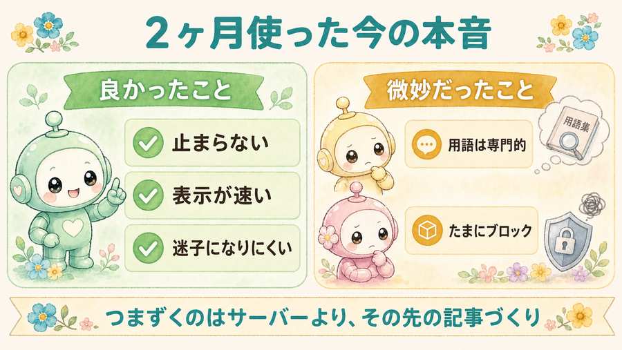 ConoHa WINGを2ヶ月使った本音。良かったことと微妙だったことを比較した図解。