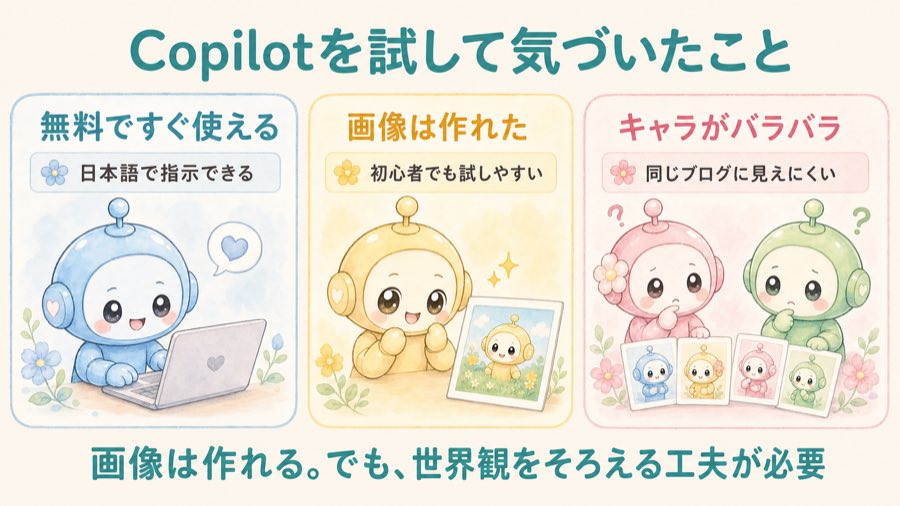 Copilotを試して気づいたことの図解。無料ですぐ使える、画像は作れた、キャラがバラバラ。画像は作れるが世界観をそろえる工夫が必要。