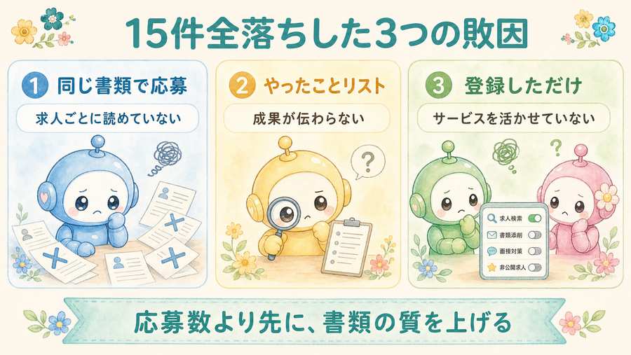 15件全落ちした3つの敗因。同じ書類で応募、やったことリスト、登録しただけを示す図解。