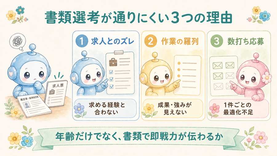 40代未経験の書類選考が通りにくい3つの理由。求人とのズレ、作業の羅列、数打ち応募を示す図解。