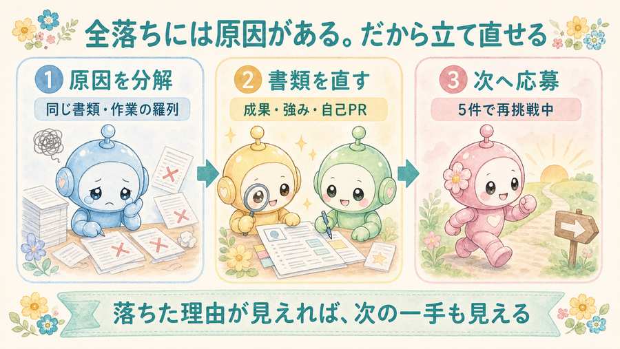 全落ちには原因があるから立て直せる。原因を分解し、書類を直し、次へ応募する流れを示す図解。