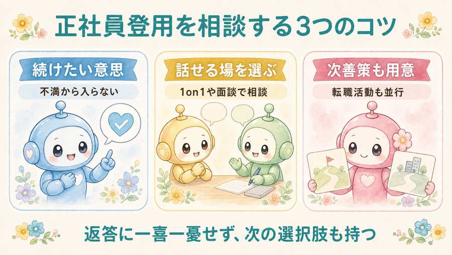 正社員登用を相談する3つのコツ。続けたい意思、話せる場、次善策も用意を示す図解。
