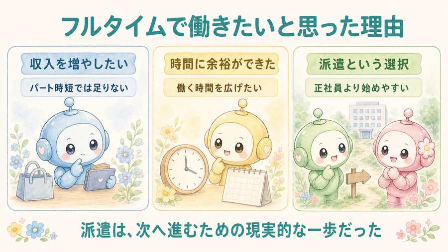 フルタイムで働きたいと思った理由。収入を増やしたい、時間に余裕ができた、派遣という選択を示す図解。