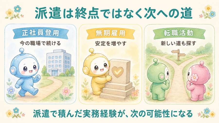 派遣は終点ではなく次への道。正社員登用、無期雇用、転職活動の可能性を示す図解。