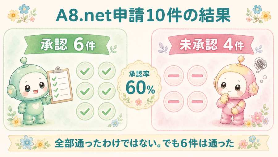A8.netに10件申請した結果。承認6件、未承認4件、承認率60%を示す図解。