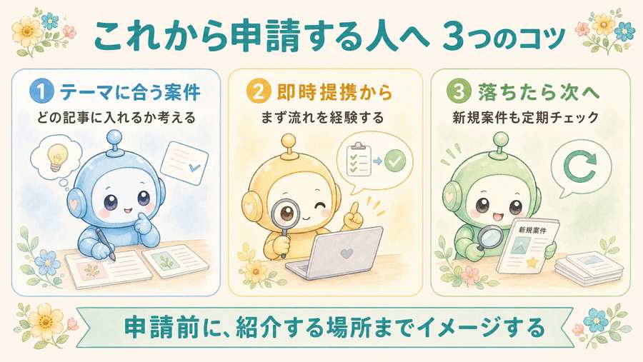 これから申請する人への3つのコツ。テーマに合う案件、即時提携から、落ちたら次へを示す図解。