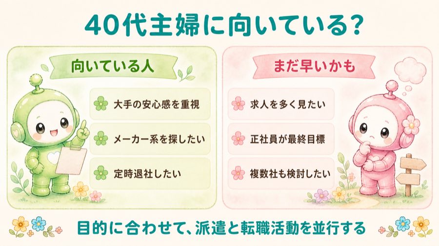 40代主婦にアデコが向いているかを整理した図解。向いている人と、まだ早いかもしれない人を比較し、目的に合わせて派遣と転職活動を並行する。