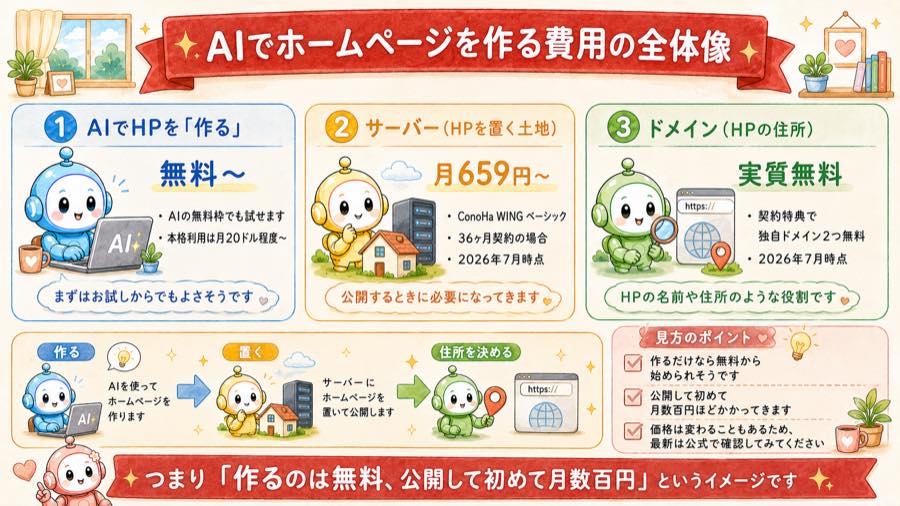 AIでホームページを作る費用の全体像（作るのは無料〜・サーバー月659円〜・ドメイン実質無料）