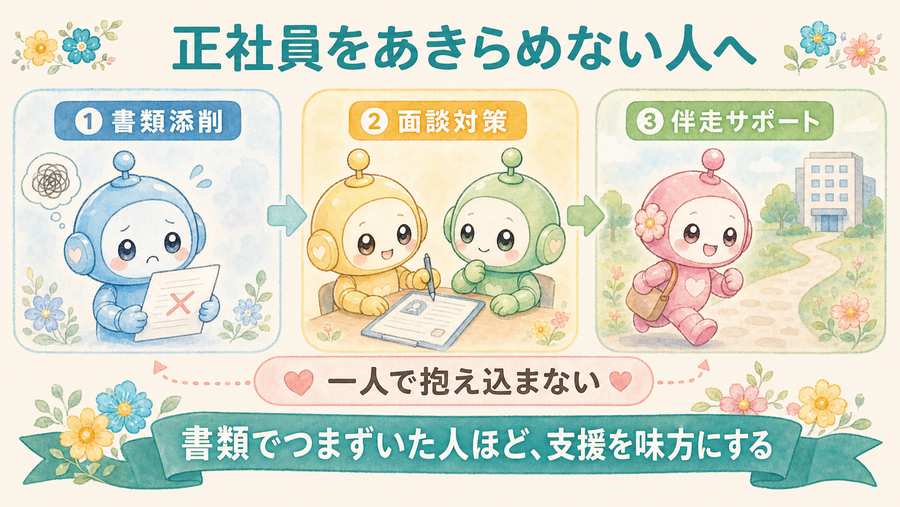 正社員をあきらめない人への支援。書類添削、面談対策、伴走サポートを示す図解。