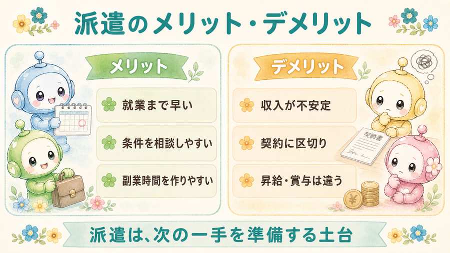 派遣のメリットとデメリット。就業まで早い、条件を相談しやすい一方で、収入や契約の不安もあることを示す図解。