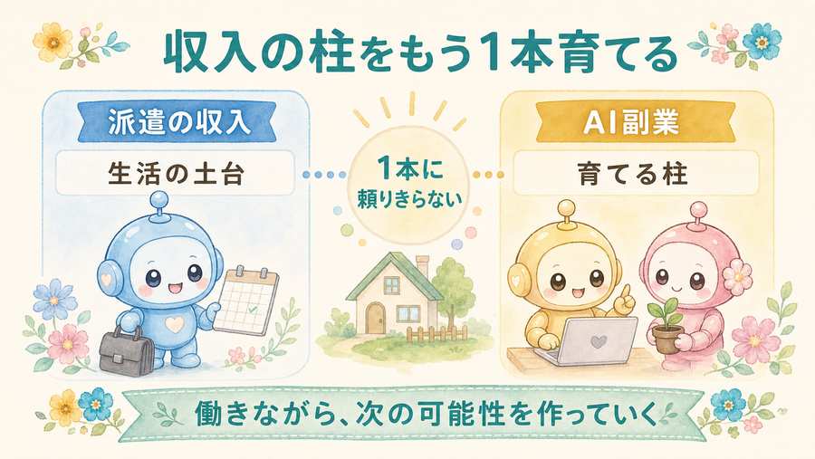 収入の柱をもう1本育てる考え方。派遣の収入とAI副業の2本柱を示す図解。