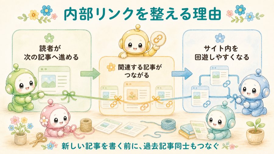 内部リンクを整える理由を3つのカードで示した図解