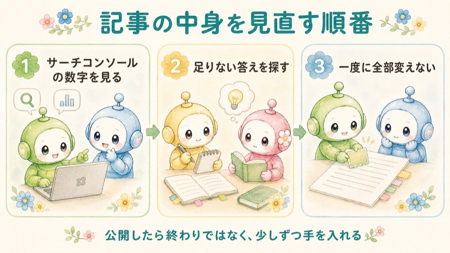 記事の中身を見直す順番を3ステップで示した図解