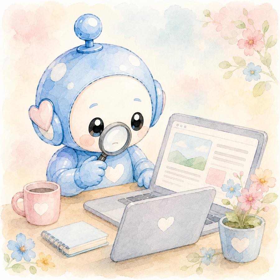 虫めがねを持って自分のブログ記事を確認する4色ロボットのイラスト