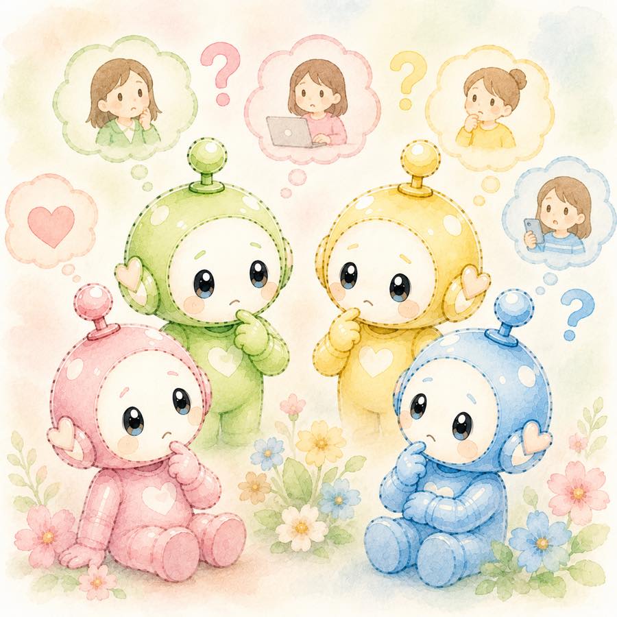 読者が何を知りたいのかを想像して考え込む4色ロボットのイラスト