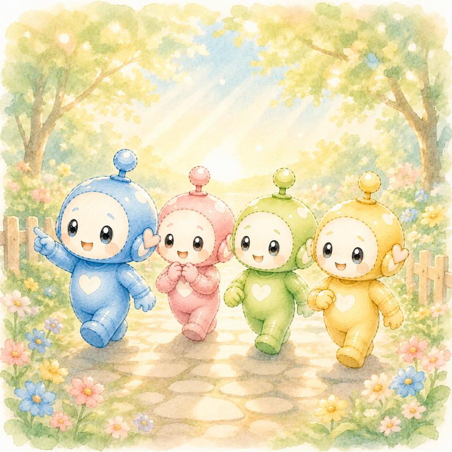 朝の光の中を前向きに歩き出す4色ロボットたちのイラスト