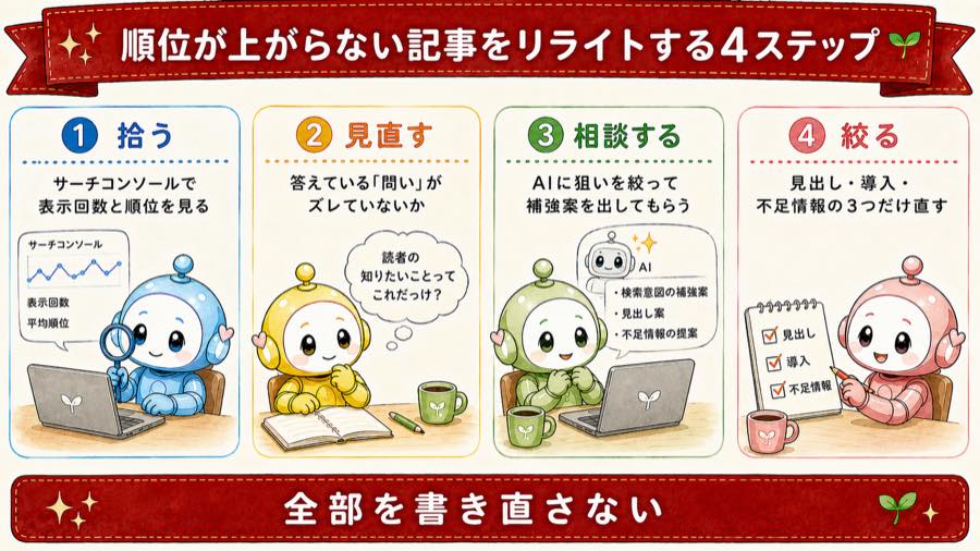 順位が上がらない記事をリライトする4ステップの図解。拾う・見直す・相談する・絞るの順に、サーチコンソールで表示回数と順位を見る、答えている問いがズレていないか確認する、AIに狙いを絞って補強案を出してもらう、見出し・導入・不足情報の3つだけ直す