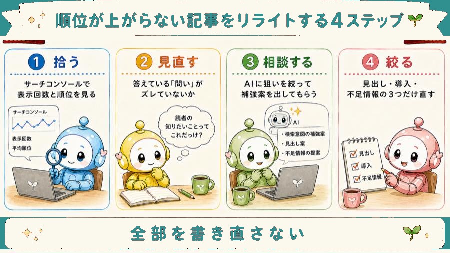 順位が上がらない記事をリライトする4ステップの図解。拾う・見直す・相談する・絞るの順に、サーチコンソールで表示回数と順位を見る、答えている問いがズレていないか確認する、AIに狙いを絞って補強案を出してもらう、見出し・導入・不足情報の3つだけ直す