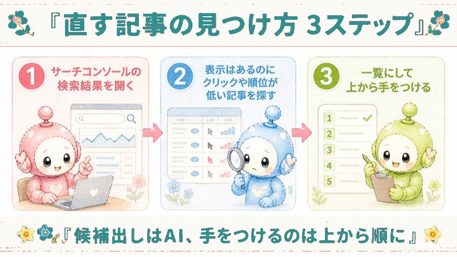サーチコンソールで直す記事を見つける3ステップの図解。検索結果を開く、表示はあるのにクリックや順位が低い記事を探す、一覧にして上から手をつける