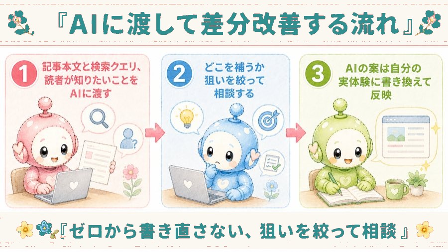 AIに渡して差分改善する流れの図解。記事本文と検索クエリと読者が知りたいことをAIに渡す、どこを補うか狙いを絞って相談する、AIの案は自分の実体験に書き換えて反映する