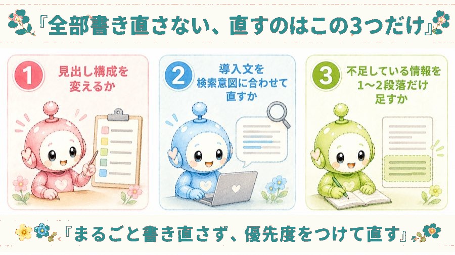 全部書き直さず直すのはこの3つだけの図解。見出し構成を変えるか、導入文を検索意図に合わせて直すか、不足している情報を1〜2段落だけ足すか
