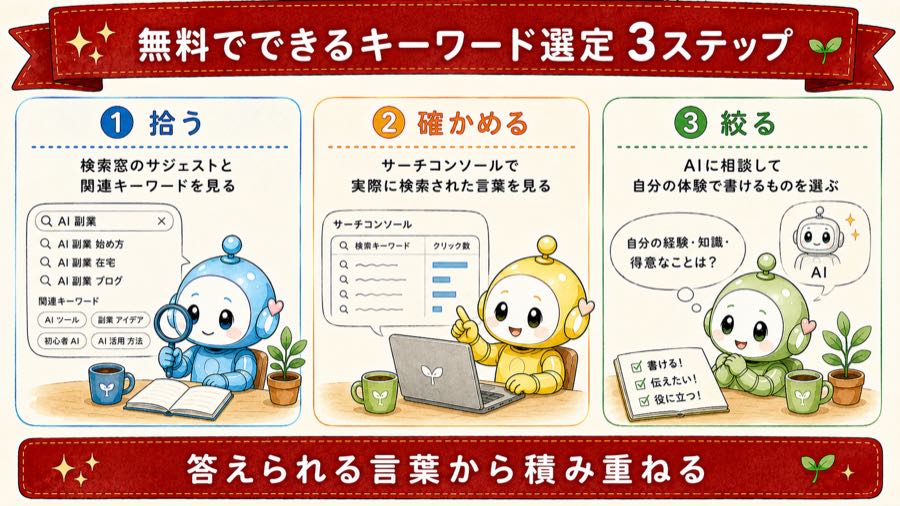無料でできるキーワード選定3ステップの図解。拾う・確かめる・絞るの順に、検索窓のサジェストと関連キーワードを見る、サーチコンソールで実際に検索された言葉を見る、AIに相談して自分の体験で書けるものを選ぶ