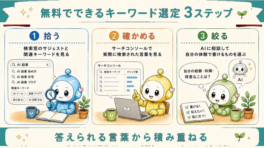 無料でできるキーワード選定3ステップの図解。拾う・確かめる・絞るの順に、検索窓のサジェストと関連キーワードを見る、サーチコンソールで実際に検索された言葉を見る、AIに相談して自分の体験で書けるものを選ぶ