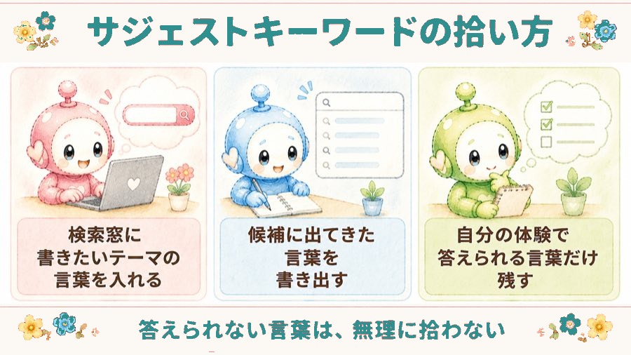 サジェストキーワードの拾い方の図解。検索窓に書きたいテーマの言葉を入れる、候補に出てきた言葉を書き出す、自分の体験で答えられる言葉だけ残す