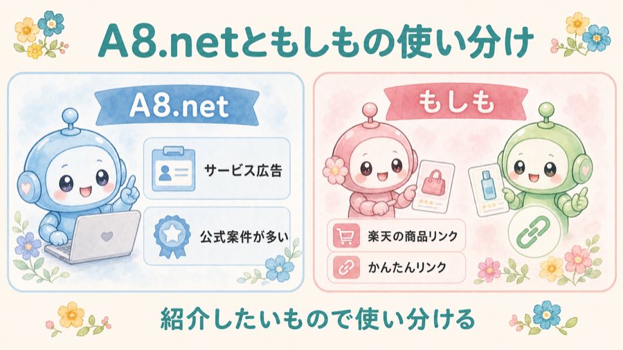 A8.netともしもアフィリエイトの使い分けをまとめた図解