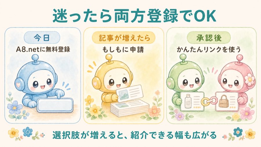 A8.netともしもアフィリエイトで迷ったときの行動ステップの図解。今日A8.netに無料登録し、記事が増えたらもしもに申請し、承認後にかんたんリンクを使う。
