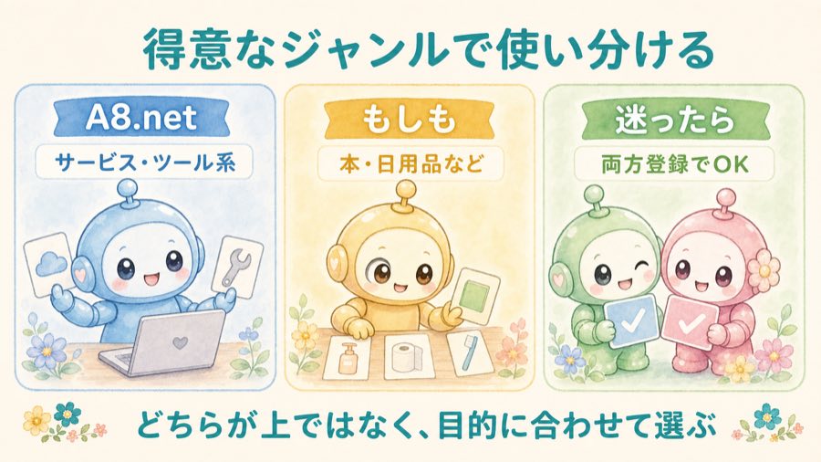 A8.netともしもアフィリエイトのまとめ図解。A8.netはサービス・ツール系、もしもは本・日用品など、迷ったら両方登録で目的に合わせて選ぶ。