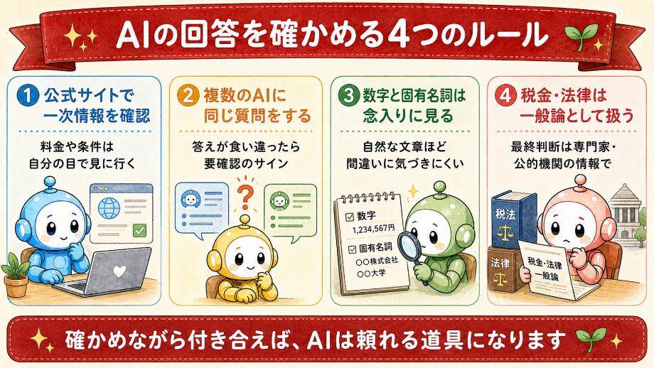 AIの回答を確かめる4つのルール:①公式サイトで一次情報を確認 ②複数のAIに同じ質問をする ③数字と固有名詞は念入りに見る ④税金・法律は一般論として扱う