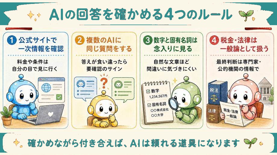 AIの回答を確かめる4つのルール：①公式サイトで一次情報を確認 ②複数のAIに同じ質問をする ③数字と固有名詞は念入りに見る ④税金・法律は一般論として扱う