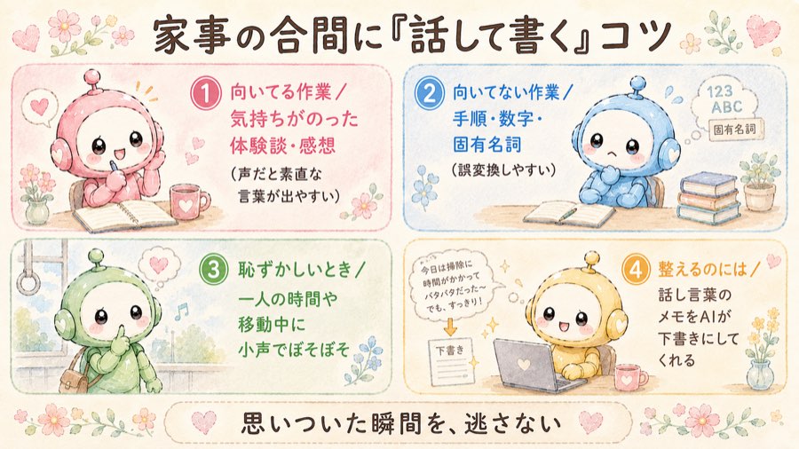 家事の合間に「話して書く」コツを4つに整理した図解。向いてる作業は気持ちがのった体験談・感想、向いてない作業は手順・数字・固有名詞、恥ずかしいときは一人の時間や移動中に小声でぼそぼそ、整えるのには話し言葉のメモをAIが下書きにしてくれる
