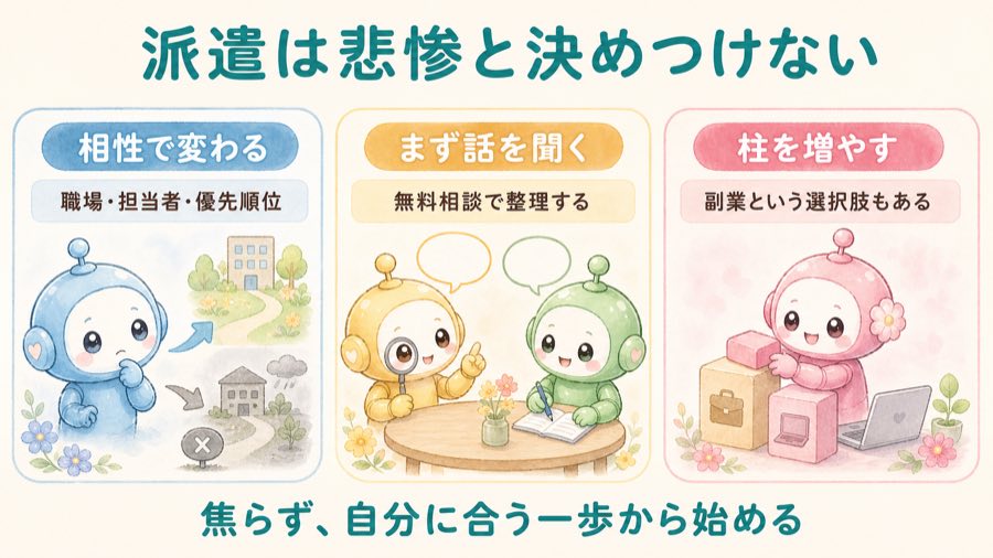 派遣は悲惨と決めつけないための図解。相性で変わる、まず話を聞く、柱を増やす。焦らず自分に合う一歩から始める。