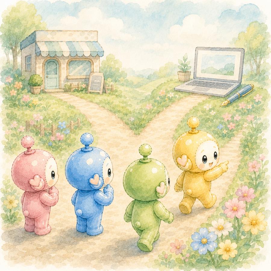 分かれ道で、お店の道とパソコンの道のうちブログの道へ一歩踏み出す4色ロボットのイラスト